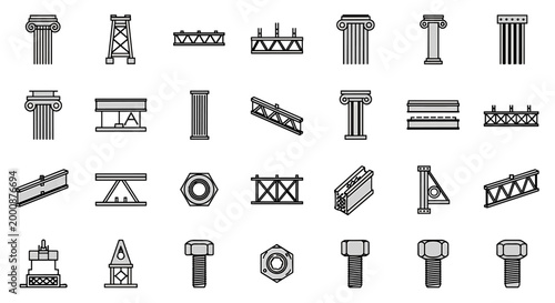 Set of architectural elements including columns trusses beams nuts bolts and industrial construction components isolated on white