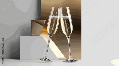 Champagne flutes clinking in a festive atmosphere against a gold background