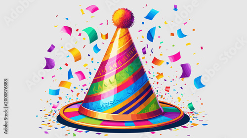 Colorful party hat with confetti on a bright background