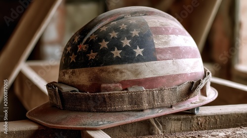 Weathered hard hat displays faded American flag.
