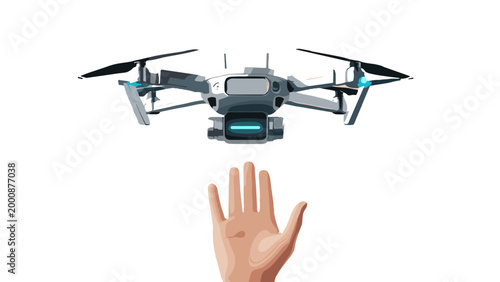 Drone flying above reaching hand, technology concept, white background