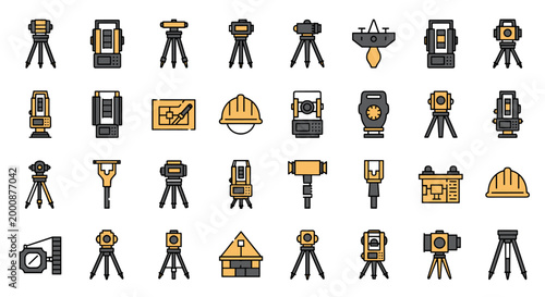Surveying equipment icons set, total station, theodolite, level instrument, plumb bob and construction helmet illustrations