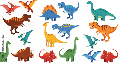 Colorful Cute Cartoon Dinosaur Mega Collection Set with T-Rex Triceratops Pterodactyl Stegosaurus and Brontosaurus for Kids Design