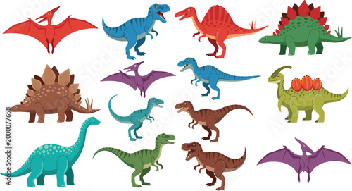 Fierce Colorful Cartoon Dinosaur Collection Set with T-Rex Spinosaurus Pterodactyl Stegosaurus and Raptor Characters for Kids