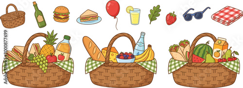 Three wicker picnic baskets overflowing with food and drinks against a white background