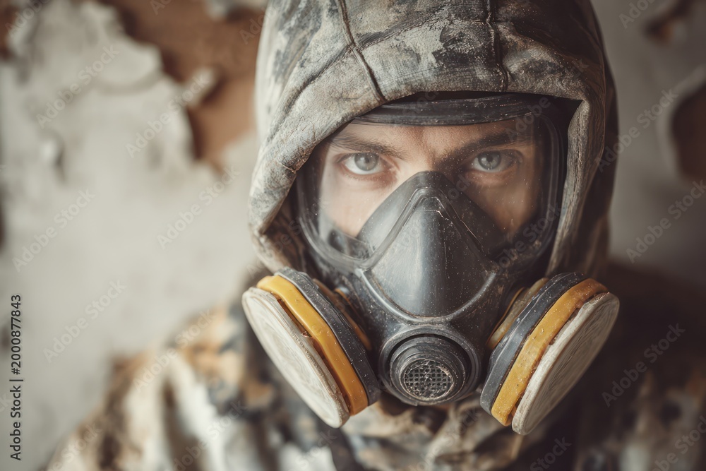 Fototapeta premium Worker in safety mask near moldy wall