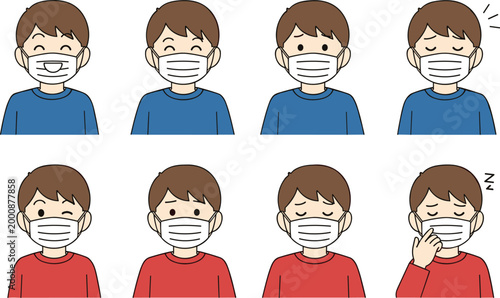 Illustration of Boy Characters Wearing Masks with Various Expressions for Health, Safety, and Well-being Concept Designs