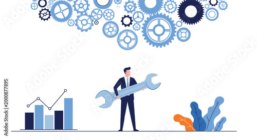 Corporate professional carries massive adjustable wrench below mechanical gears and above rising business bar charts and data.