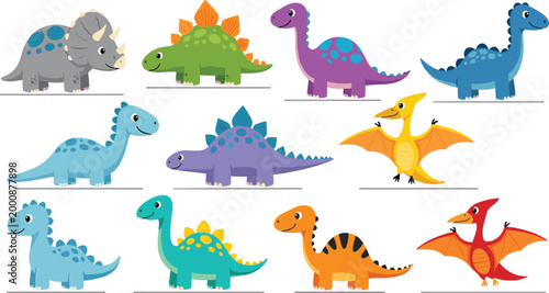 Cute Cartoon Dinosaur Species Collection Including Triceratops Stegosaurus Pterodactyl and Brontosaurus for Kids