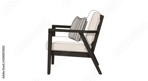 Sleek modern patio armchair made of dark wood with ivory cushions and decorative striped pillow shown from side perspective.