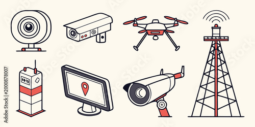 Black and white security and communication icons set with security surveillance technology communication monitoring broadcast wireless protection transmitter connection tracking electronic