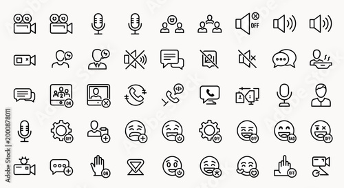 Collection of Communication Icons Including Video Calls Microphones Speakers Chats and People Icons