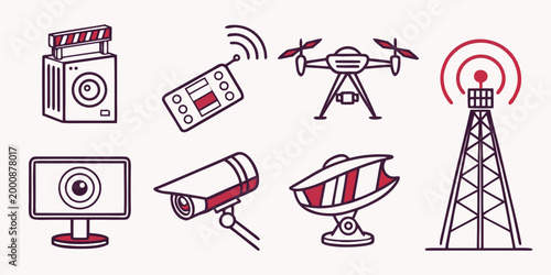 Set of surveillance and broadcasting technology icons in flat style with surveillance security broadcast transmitter monitoring technology communications equipment satellite wireless