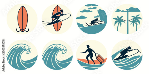 Collection of surfing and water sports activity icons with activity paddleboard lifestyle recreation vacation tropical adventure surfboard exercise watercraft competition training