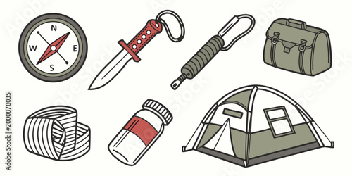 Camping and wilderness survival supplies flat design icons with first aid camping gear camping equipment hiking gear camping accessories camping trip outdoor activities exploration gear
