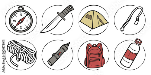Graphic set of essential camping and wilderness survival gear with survival wilderness adventure backpack outdoors equipment exploration trekking expedition vacation climbing supplies