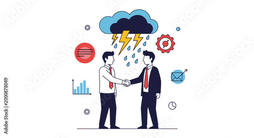 Two businessmen shake hands under storm cloud with lightning while surrounded by various icons representing risky or bad deals.