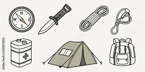 Vector icon set of essential camping and outdoor equipment with equipment backpack flashlight adventure exploration trekking expedition vacation climbing survival activity recreation