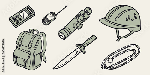 Collection of camping and survival gear icons in olive green including backpack and protective helmet with backpack survival tactical equipment adventure outdoors exploration illustration