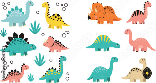 Cute Flat Cartoon Dinosaur Collection Set with Stegosaurus Triceratops Brontosaurus and Spinosaurus Characters for Kids Design
