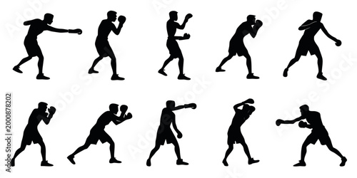 Set of black silhouettes of boxing athletes in various fighting stances and offensive movements with silhouette training exercise punching fighting practice athletic sparring movement