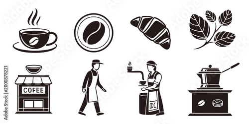 Coffee shop and cafe culture icons collection featuring beans mug grinder machine and donut beverage espresso caffeine breakfast equipment refreshment kitchenware accessory cappuccino