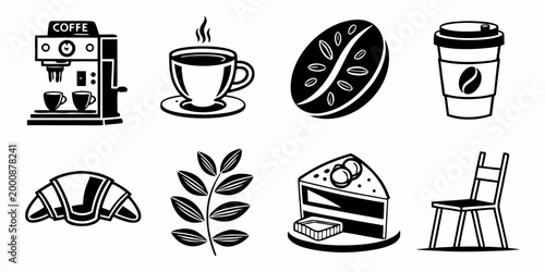Coffee house elements and cafe shop service icons set with pastry barista and espresso machine espresso croissant takeaway breakfast beverage cappuccino equipment lifestyle collection