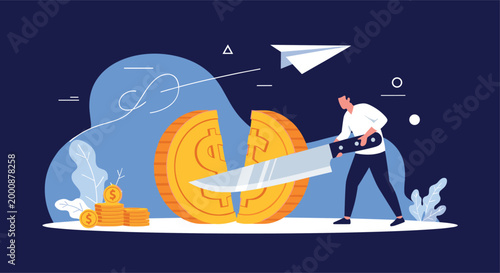 Man in professional business attire uses large kitchen knife to cut giant gold dollar coin in half against dark abstract background.
