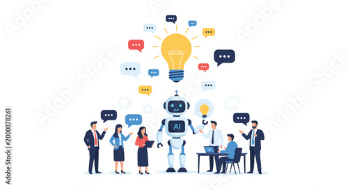 Group of business people and a robot collaborate under giant glowing light bulb icon representing collective innovation.