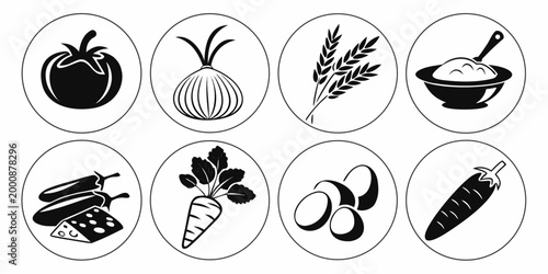 Black and white culinary icons featuring kitchen ingredients and tools ingredients utensils culinary eggplant illustration silhouette homemade nutrition collection foodstuff