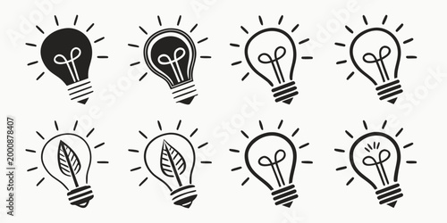 Various hand drawn light bulb icons representing ideas and inspiration with inspiration innovation creativity electricity collection graphics business solution knowledge strategy elements