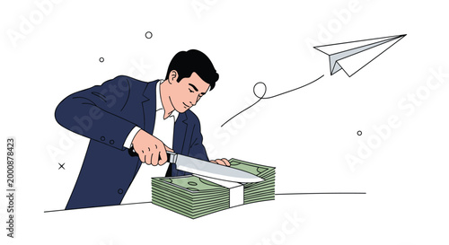 Focused businessman uses large knife to cut through thick stack of green banknotes on white table for budget management.