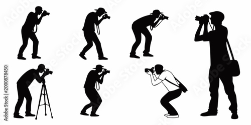 Set of black silhouettes showing professional photographers in active shooting positions and poses with photographer silhouette photography shooting professional cameraman journalist reporter