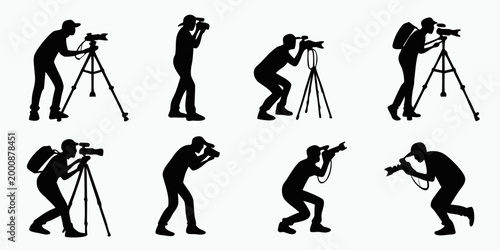 Black and white icon set of photography equipment including cameras tripods lens and film strips with photography equipment production professional collection aperture cinematography operator