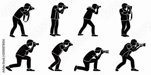 Black silhouette collection of professional photographers in various action poses holding digital cameras with photographer silhouette photography professional shooting journalist reporter