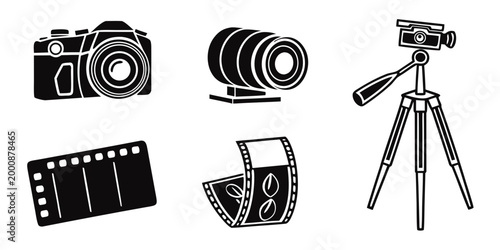 Collection of photography and production icons featuring cameras lenses and clapperboards photography production clapperboard filmmaking equipment cinematography aperture recording snapshot