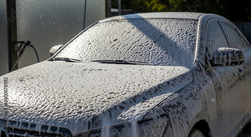 Car covered with foam under bright sunlight at an outdoor car wash, concept of thorough vehicle cleaning and summer maintenance  