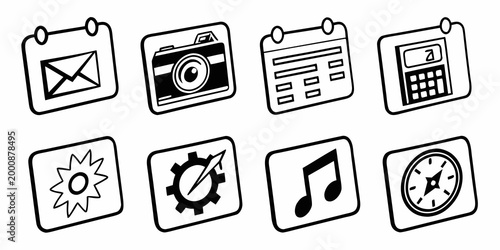 Modern collection of business and communication icons including telephone camera and email symbols with calendar stopwatch business communication internet technology silhouette interface