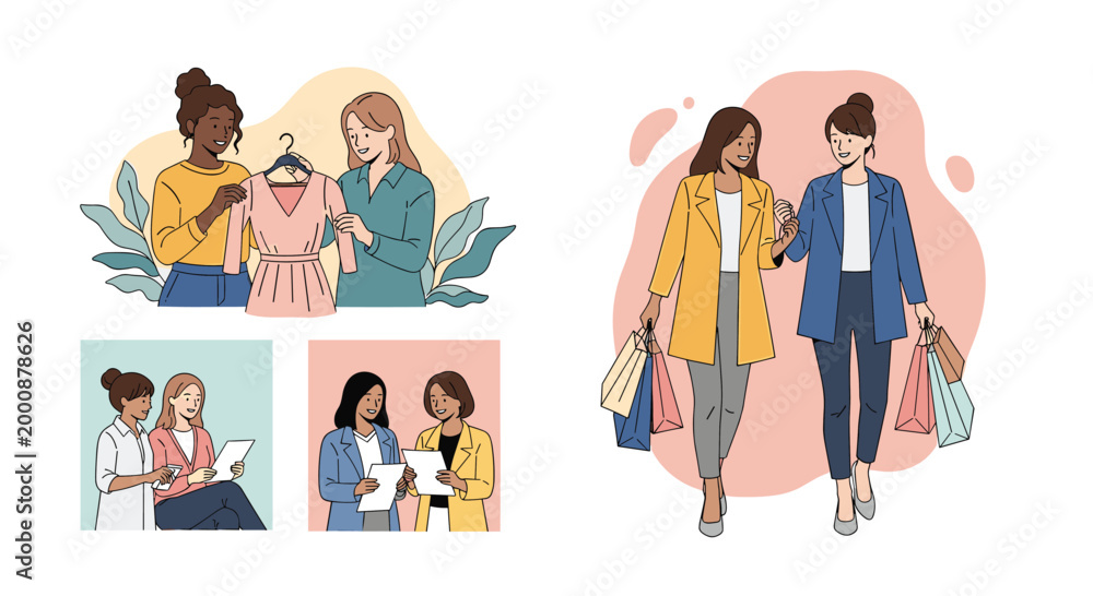 Fototapeta premium Group of fashionable women enjoy shopping together looking at clothes and walking with colorful shopping bags while socializing.