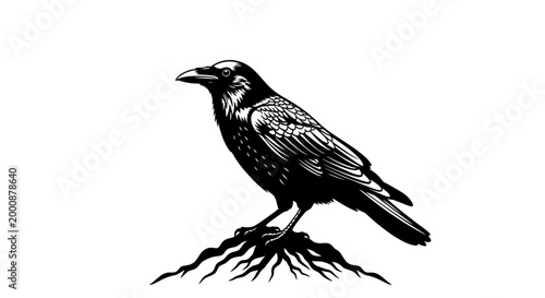 Detailed black crow or raven illustration perched on gnarled roots, a monochrome vintage style drawing with intricate feather details