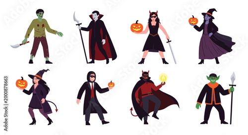 Set of diverse characters in classic Halloween costumes including zombie vampire devil and witch holding pumpkins.