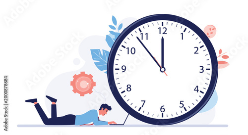 Busy man lying on floor works on laptop in front of giant analog clock showing midnight representing deadlines and overtime.