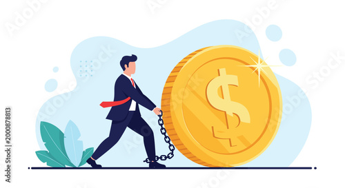 Hardworking businessman pulls giant gold dollar coin attached to heavy iron chain representing financial burden and debt.
