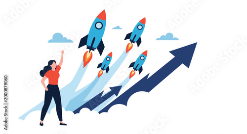 Cheerful woman waves as multiple rockets launch into the sky following an upward arrow, signifying rapid business growth and successful progress.