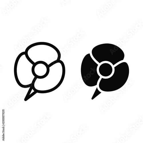 Remembrance poppy flower icon set, symbol of peace and commemoration, simple line art and solid black silhouette design