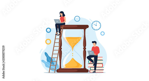 Team of professionals works on laptops while positioned around a giant hourglass, highlighting time management and meeting project deadlines.