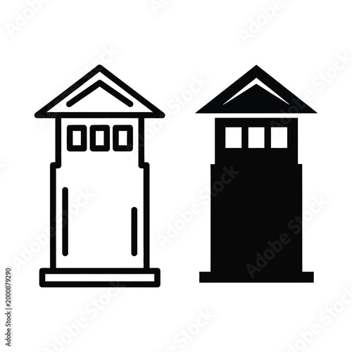 Vector icon of a watchtower or guard tower, outline and solid silhouette styles
