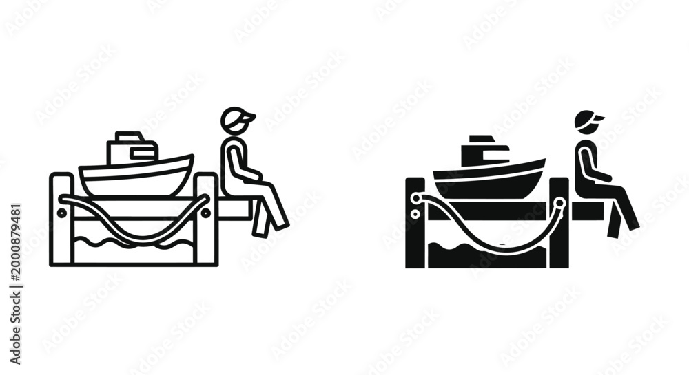Fototapeta premium Man sitting on a wooden pier with a boat icon, simple style