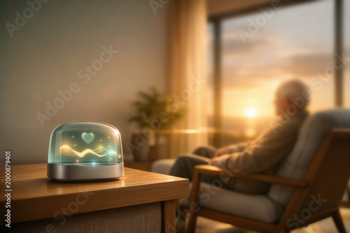 Aging in place palliative care dignity at home with compassionate home health monitoring device on oak table elderly person by window golden hour senior wellness home hospice tech