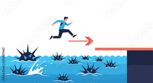 Brave man leaps over a sea filled with dangerous sharp spikes towards a safe platform, illustrating risk management and overcoming obstacles.
